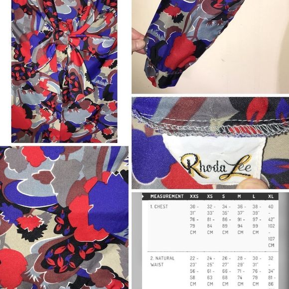 Vintage 70s red blue & gray floral blouse with bow tie front modern size medium - Picture 2 of 8